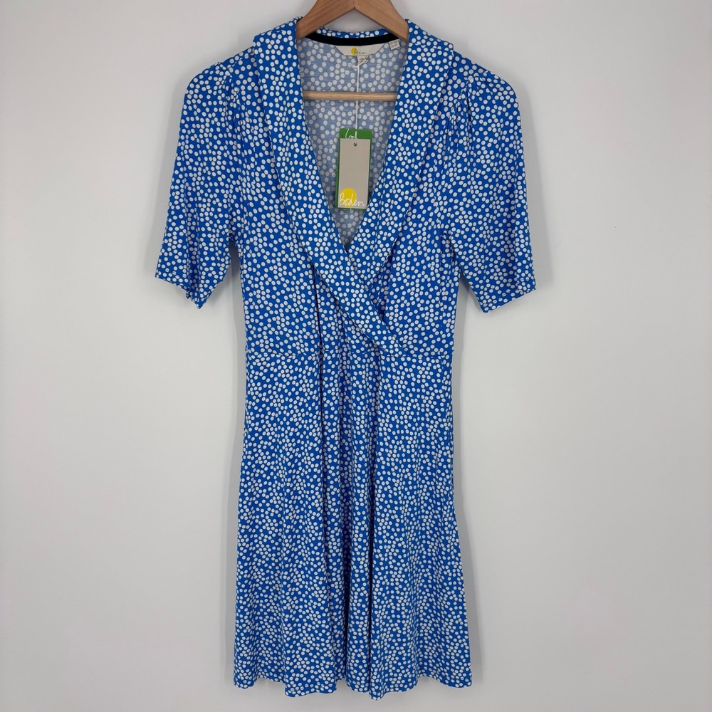 Boden D0112 Polka Dot Jersey Wrap Front Dress Women Size 6R Blue White Casual